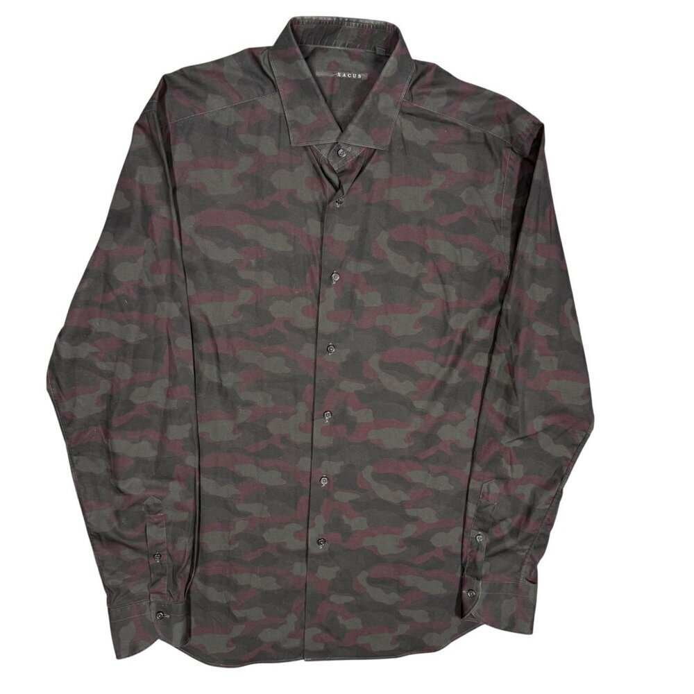 XACUS Dress Shirt Slim Fit Camo Green Long Sleeve Made in Italy 16 1/2 Large
